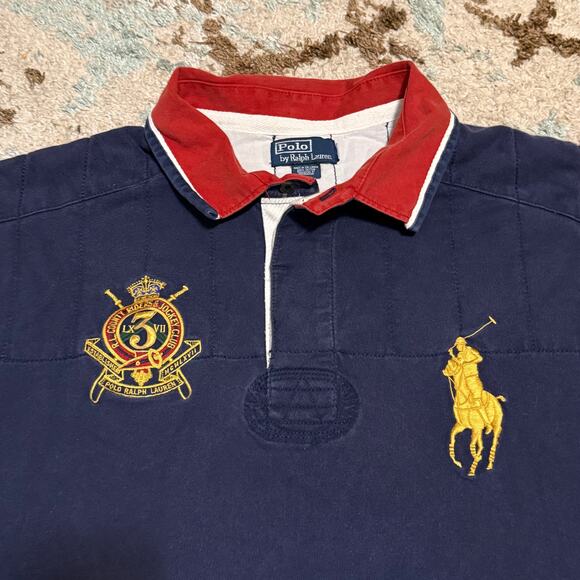 Vintage Polo Ralph Lauren Gold Crest Big Pony Rugby Shirt Size 2XL/3XL - Picture 2 of 9